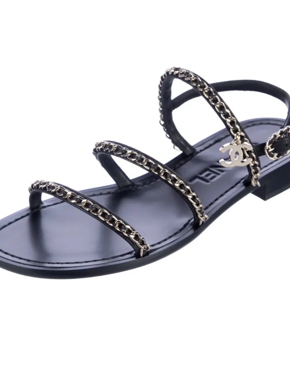 CHANEL Black Leather Chain-Strap Sandals with Gold CC Charm